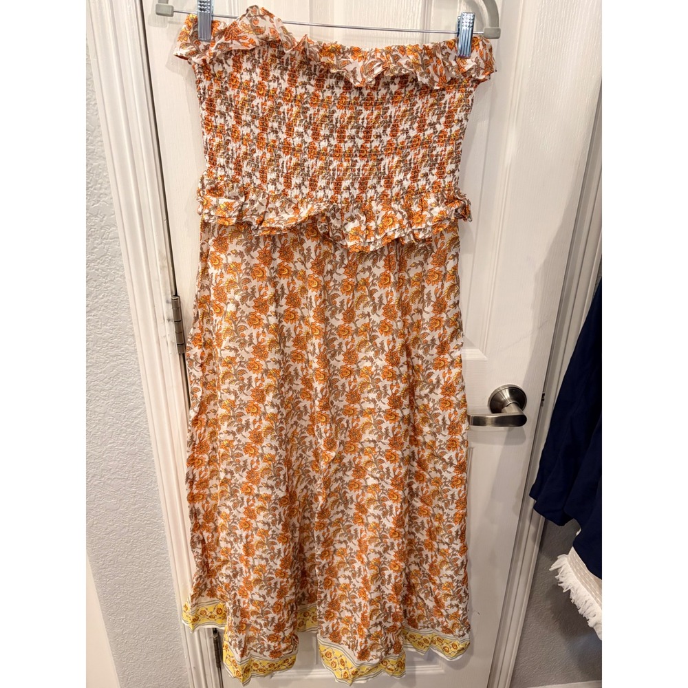 J.Crew Strapless Midi Dress Orange Floral Ramie Smocked Ruffle PM